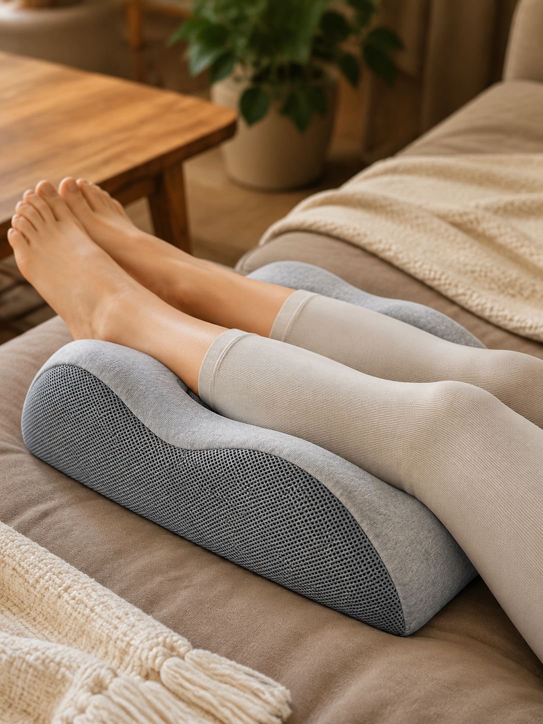 Wedge-shaped leg pillow designed to elevate the knees and calves