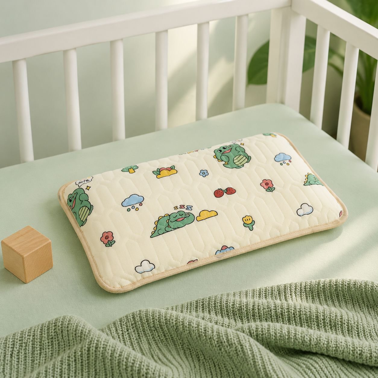 Close-up of floral design on baby latex pillow