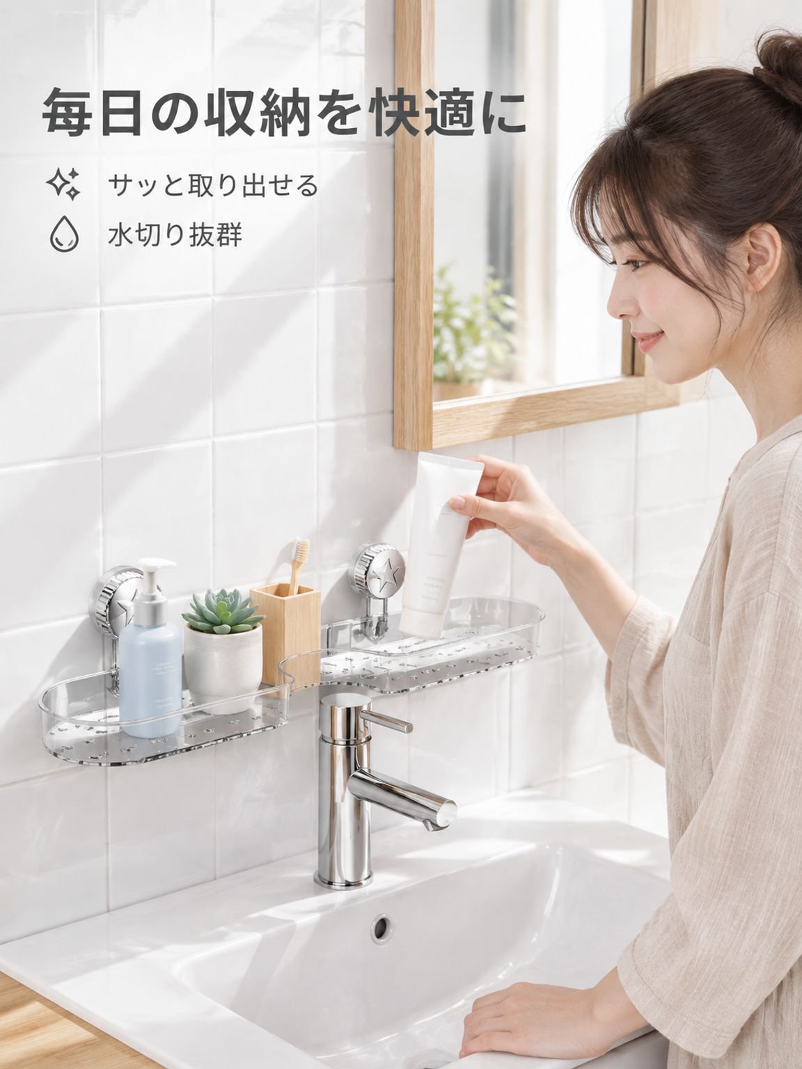 五芒星型吸盤付き洗面台棚