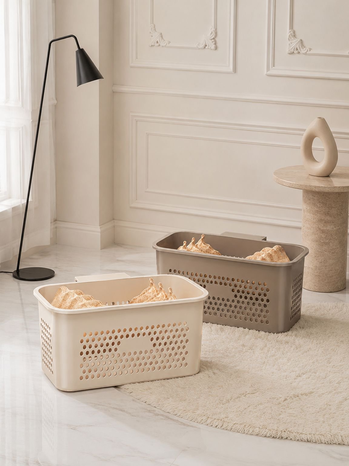 Panier à linge en design neutre et minimaliste