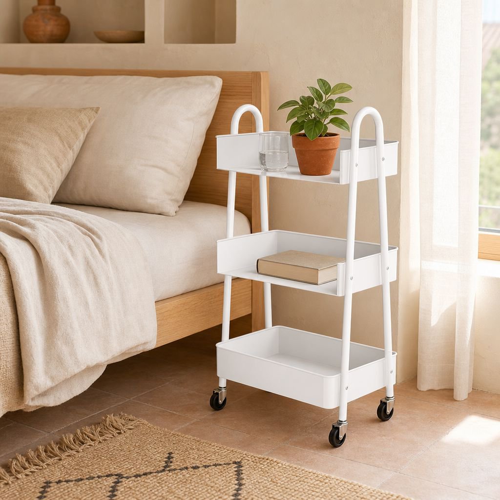 Estante extraíble con productos de baño organizados