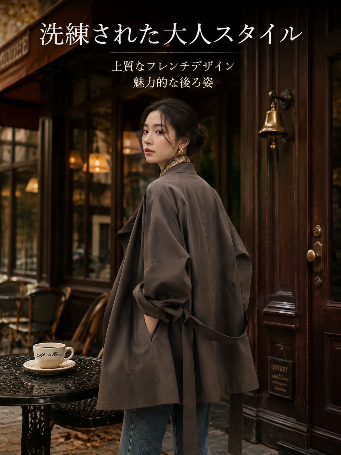フレンチレトロスタイルのミドル丈トレンチコート（女性用）、春秋新作、ゆったりとしたシルエット、ウエストを絞ったデザイン、カジュアルなスタンドカラーコート。