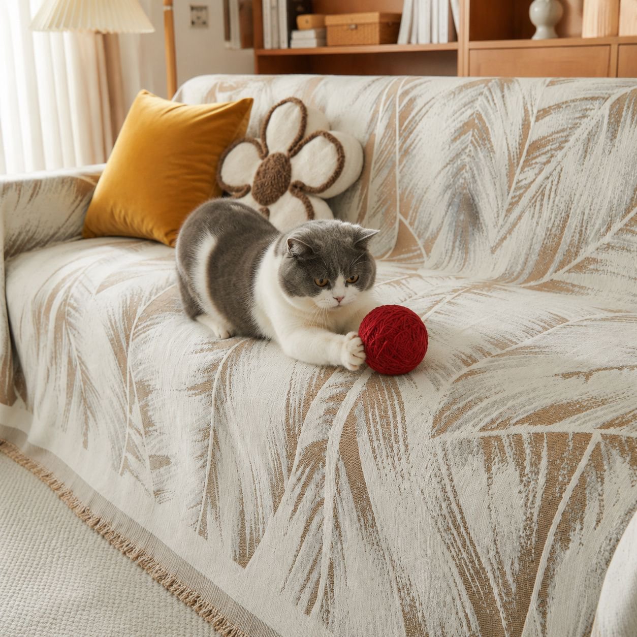Living room with stylish leaf pattern sofa cover