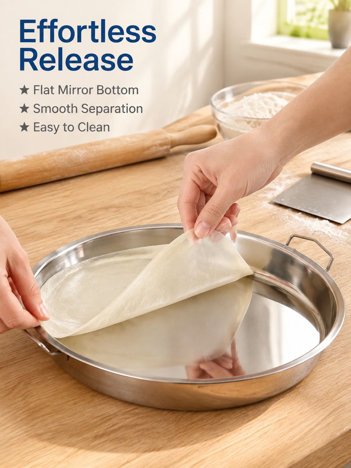 Stainless steel steaming tray for dough sheets