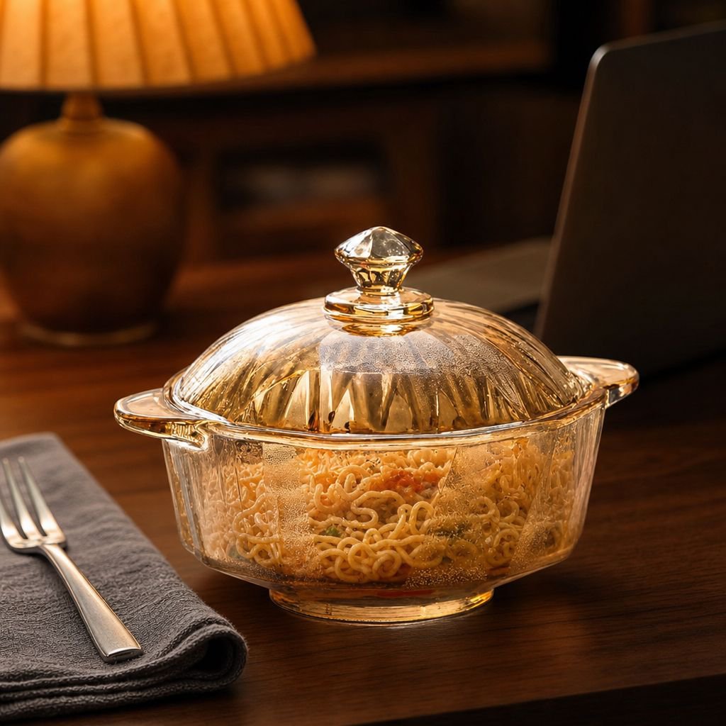 Stylish Amber Diamond Glass Double-Ear Soup Bowl with Lid for Household Noodles and Salad