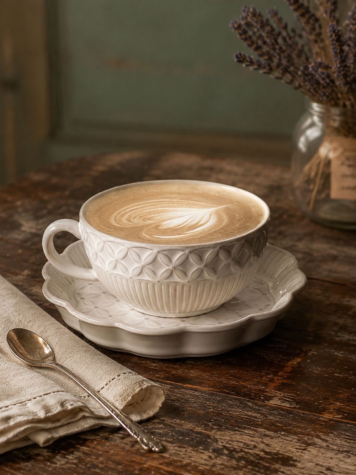 Close-up of embossed pattern on French-style coffee cup and matching saucer