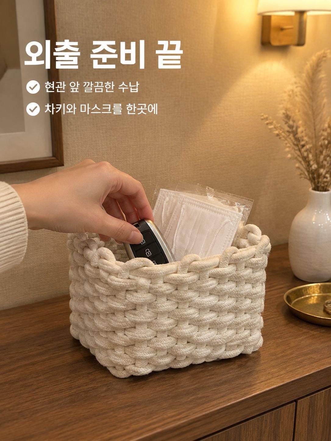 면 로프 직조 탁상용 수납 바구니