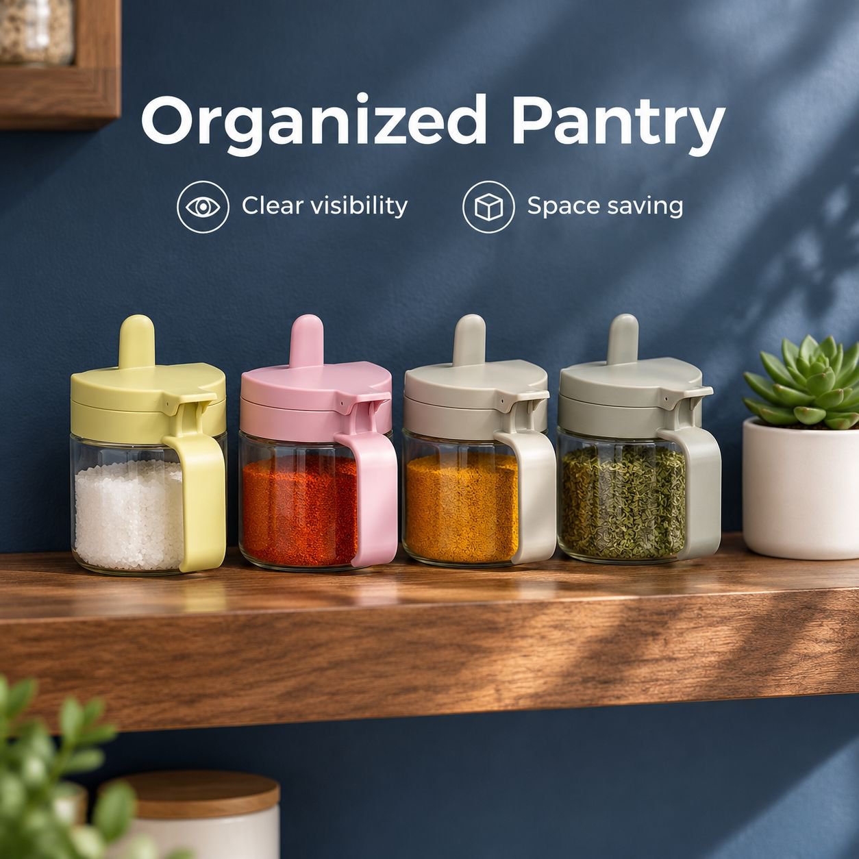 Airtight Moisture-Proof Plastic Spice Jar with Press Pop-Up Lid and Built-in Spoon