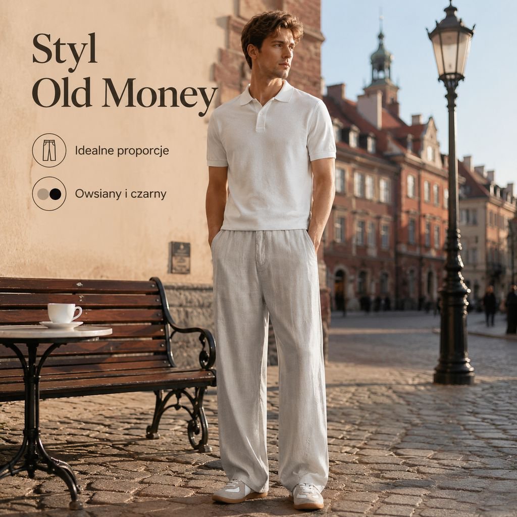 Męskie letnie spodnie lniane old money, luźne, przewiewne, szerokie nogawki, cienki materiał