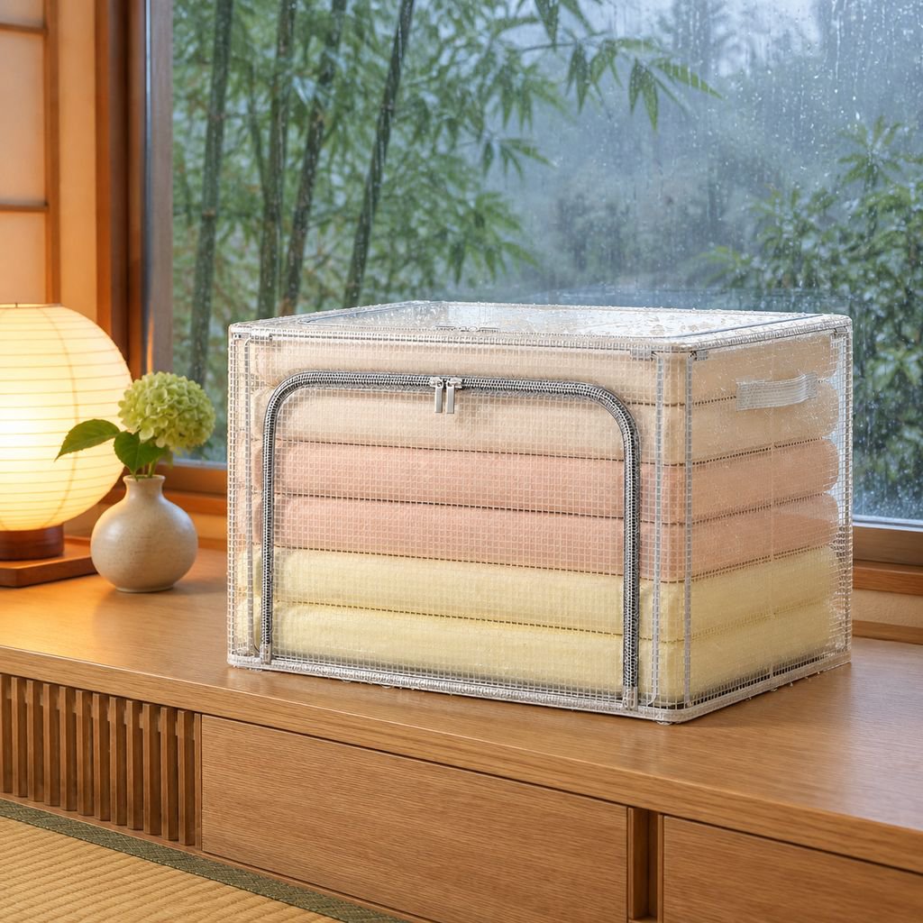 雨季の衣類収納に便利な防湿ボックス、透明メッシュスチールフレーム設計、寮に適した折りたたみ式布製オーガナイザー