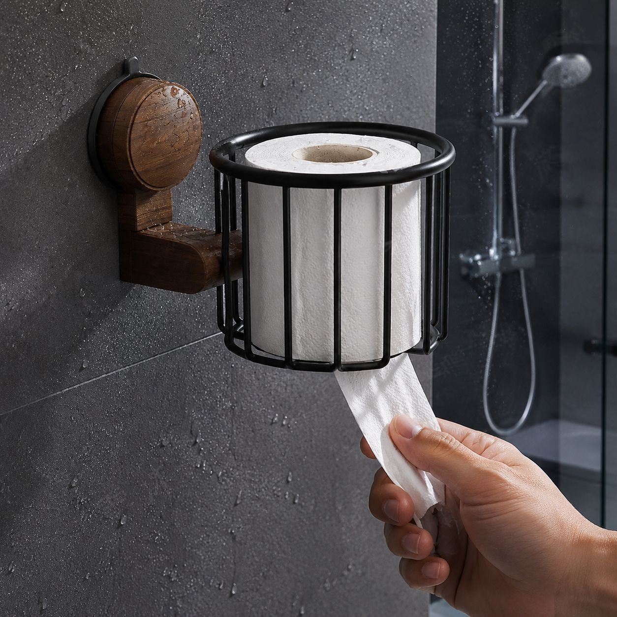 No-drill suction bathroom tissue holder basket mounted on tiled wall