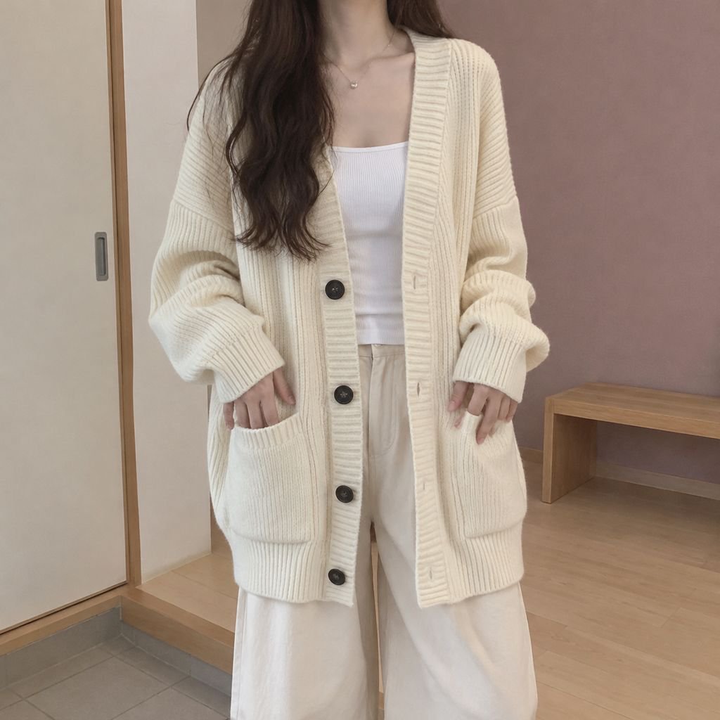 新作 韓国風 Vネック レディースニットカーディガン ゆったりシルエット シンプル 春秋冬