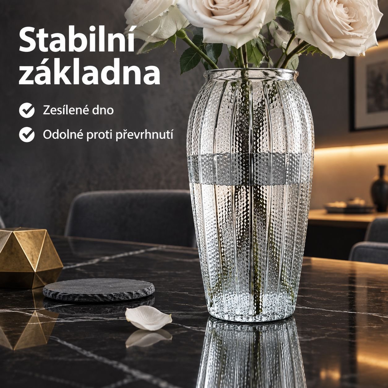 Luxusní průhledná skleněná váza na čerstvé květiny, dekorace do obývacího pokoje