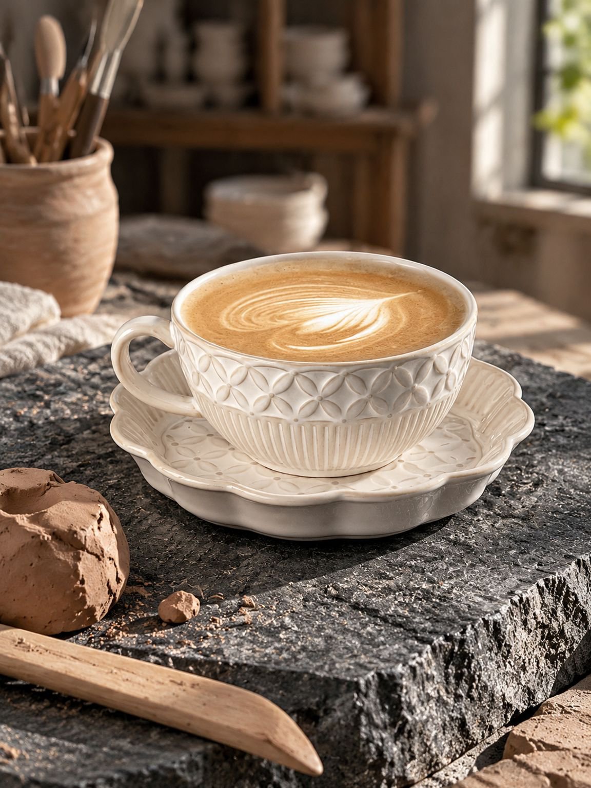 Embossed coffee cup set for serving coffee or tea