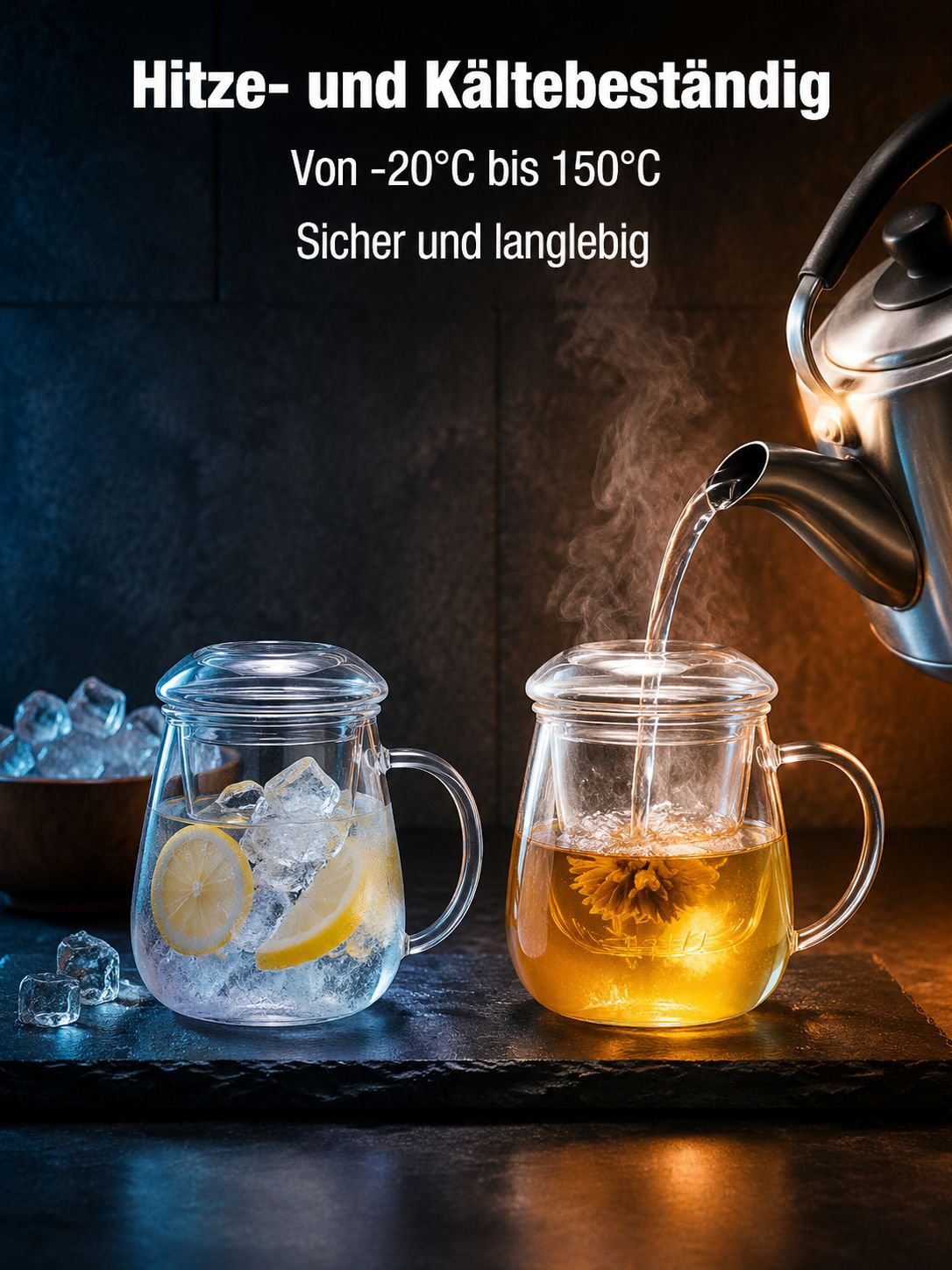 Doppelwandige Teetasse aus Borosilikatglas mit Filter