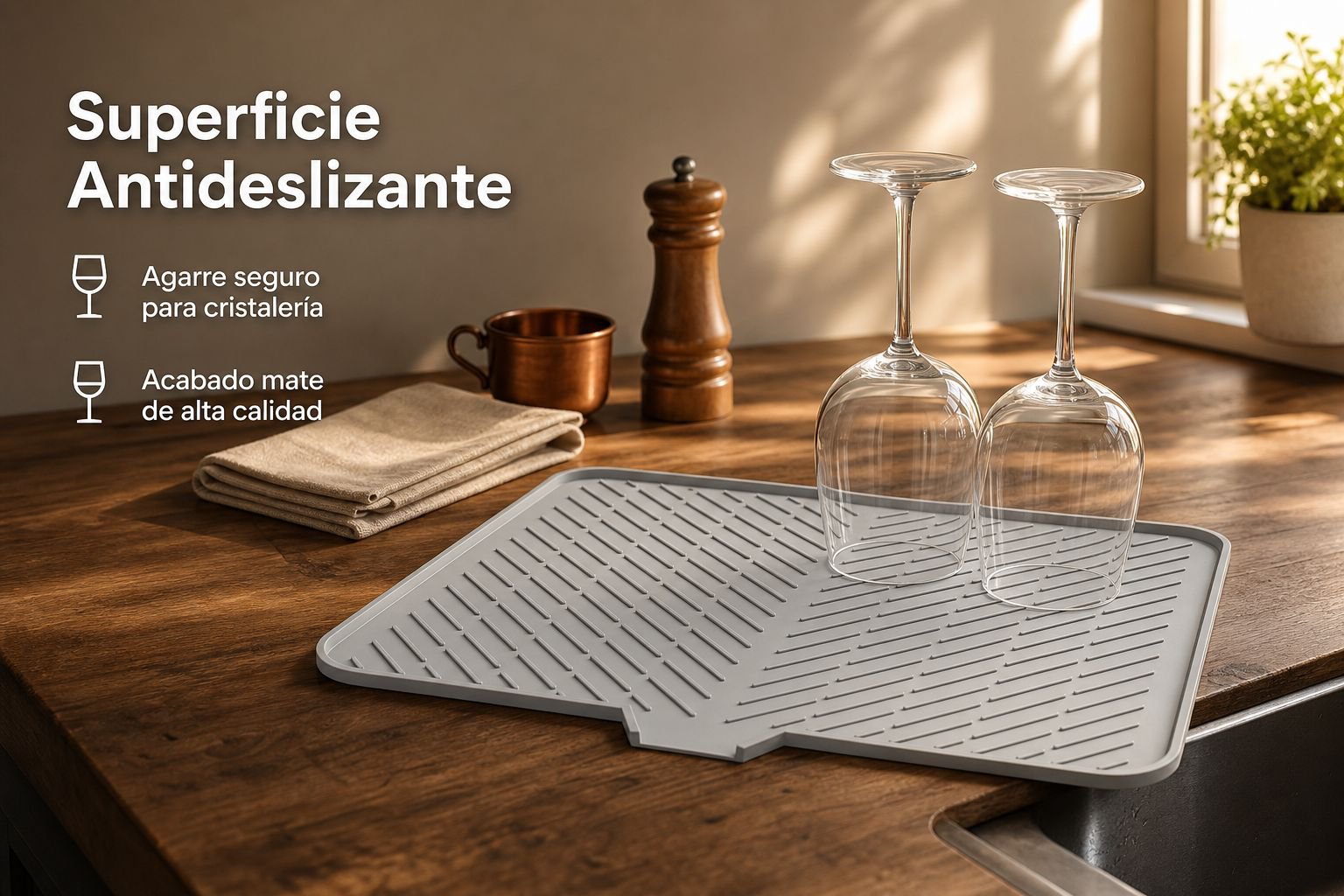 Alfombrilla inclinada de silicona drenando el agua de platos