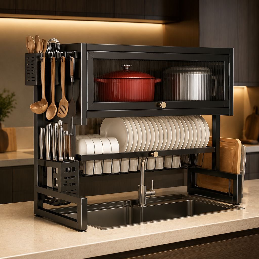 Double-Layer Dish Drainer Rack for Kitchen Sink Countertop, Dustproof Storage Cabinet with Doors