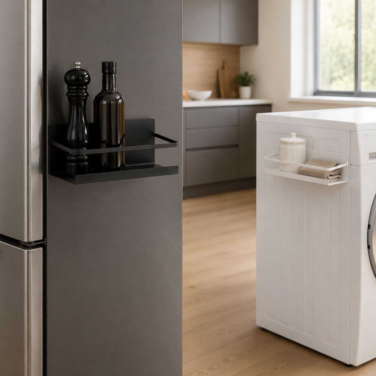 Space-saving fridge organizer for kitchen