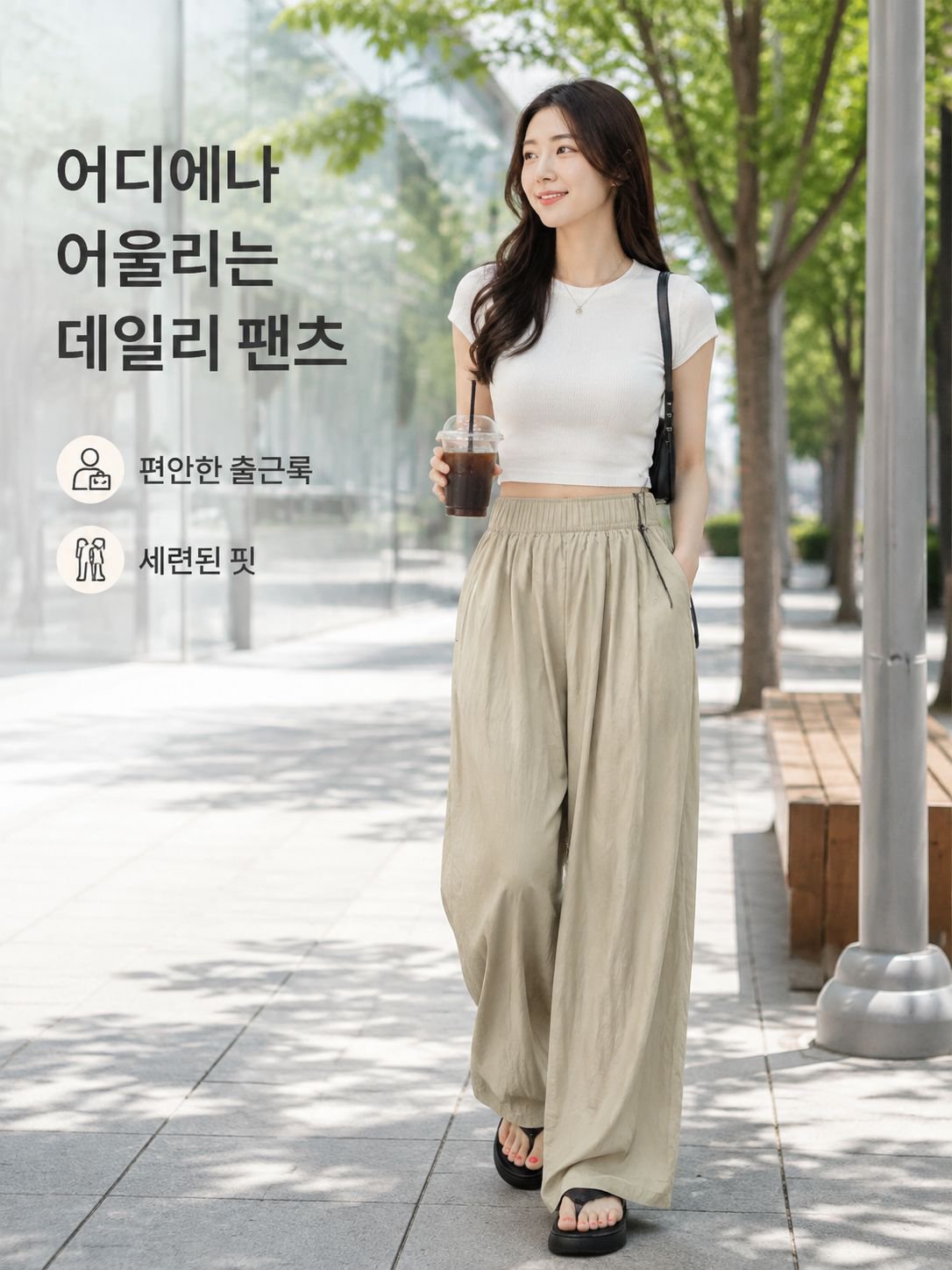 여름 얇은 하이웨스트 주름 와이드 스트레이트 팬츠