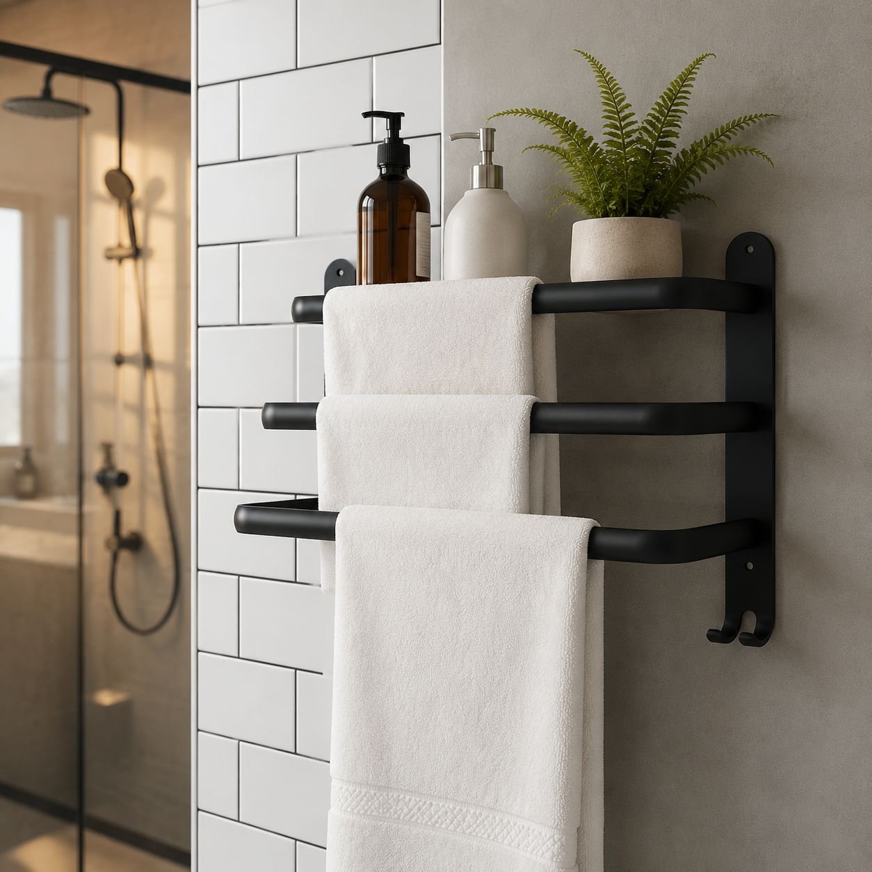 Sturdy wall-mounted towel shelf without drilling