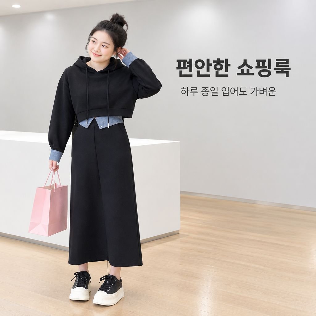 빅사이즈 여성 가을 후드 세트패션 트렌디한 날씬해 보이는 미디스커트 투피스
