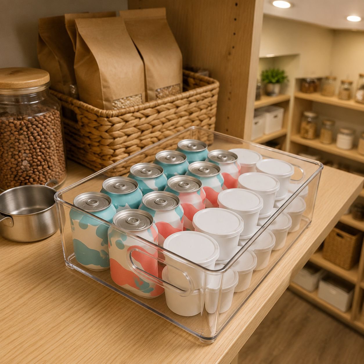 Durable clear acrylic containers stacked on kitchen shelf