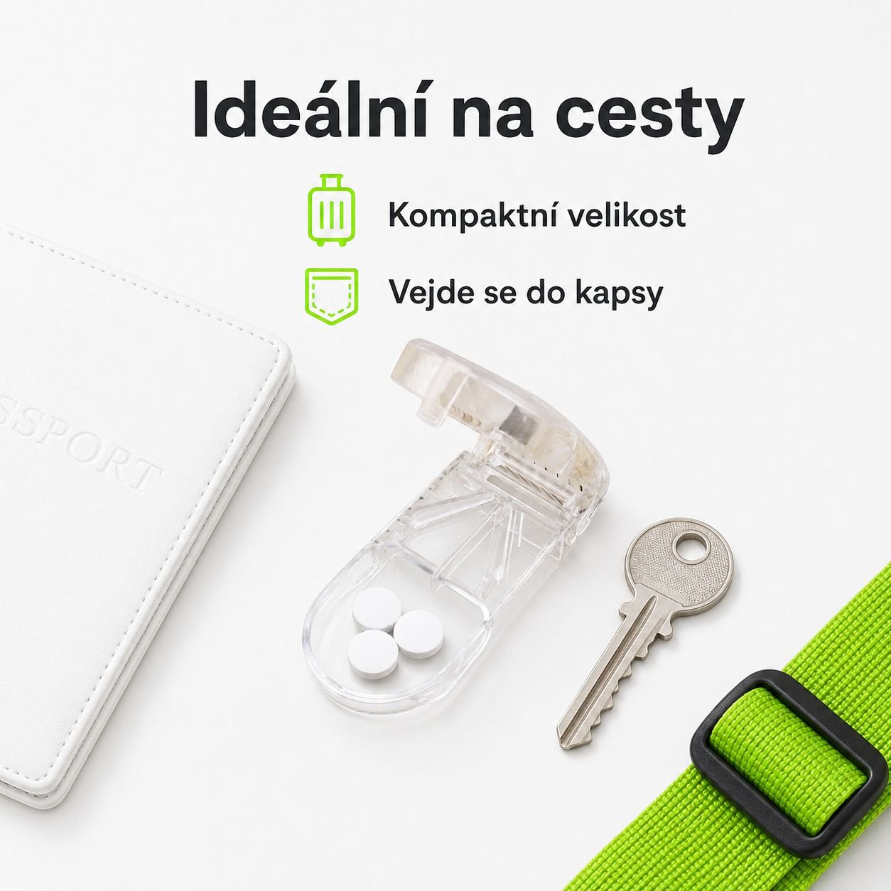 Přenosná krabička na řezání a skladování léků