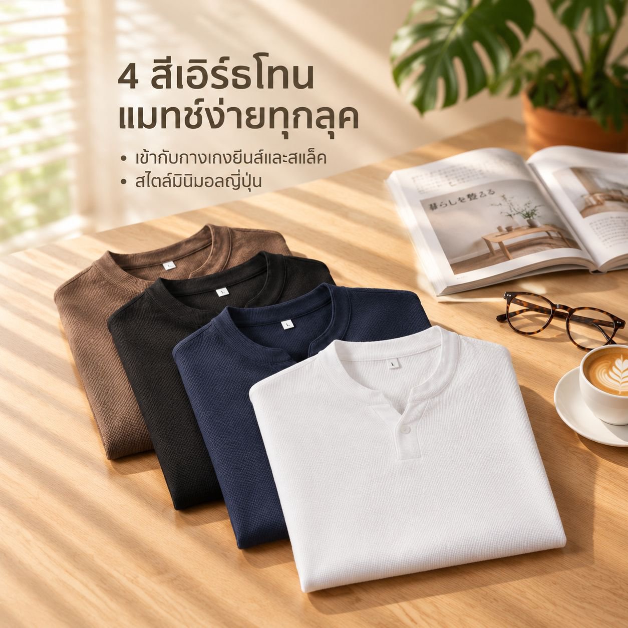 เสื้อยืดแขนยาวผู้ชายทรงคอจีนสไตล์ญี่ปุ่น