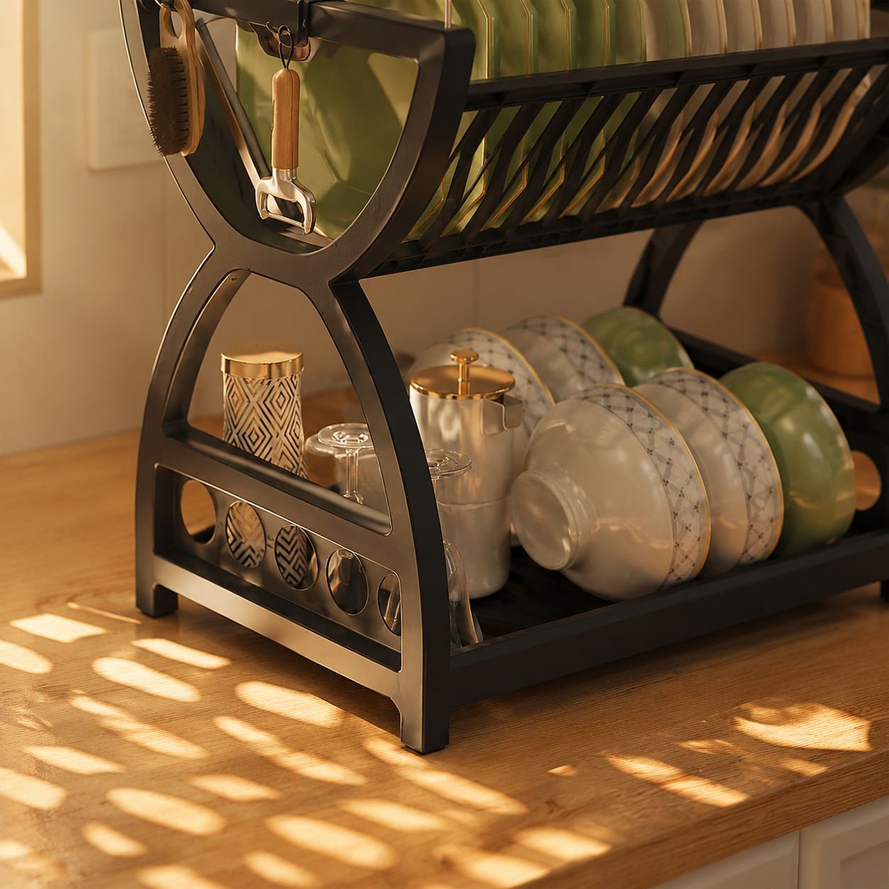 Plastic kitchen storage rack for utensils and dishes