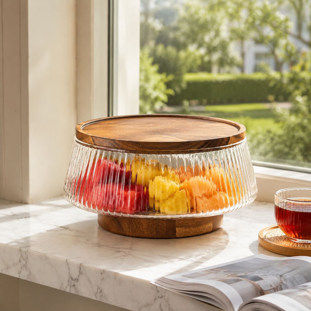 Plato de frutas multifuncional de vidrio a rayas con tenedores