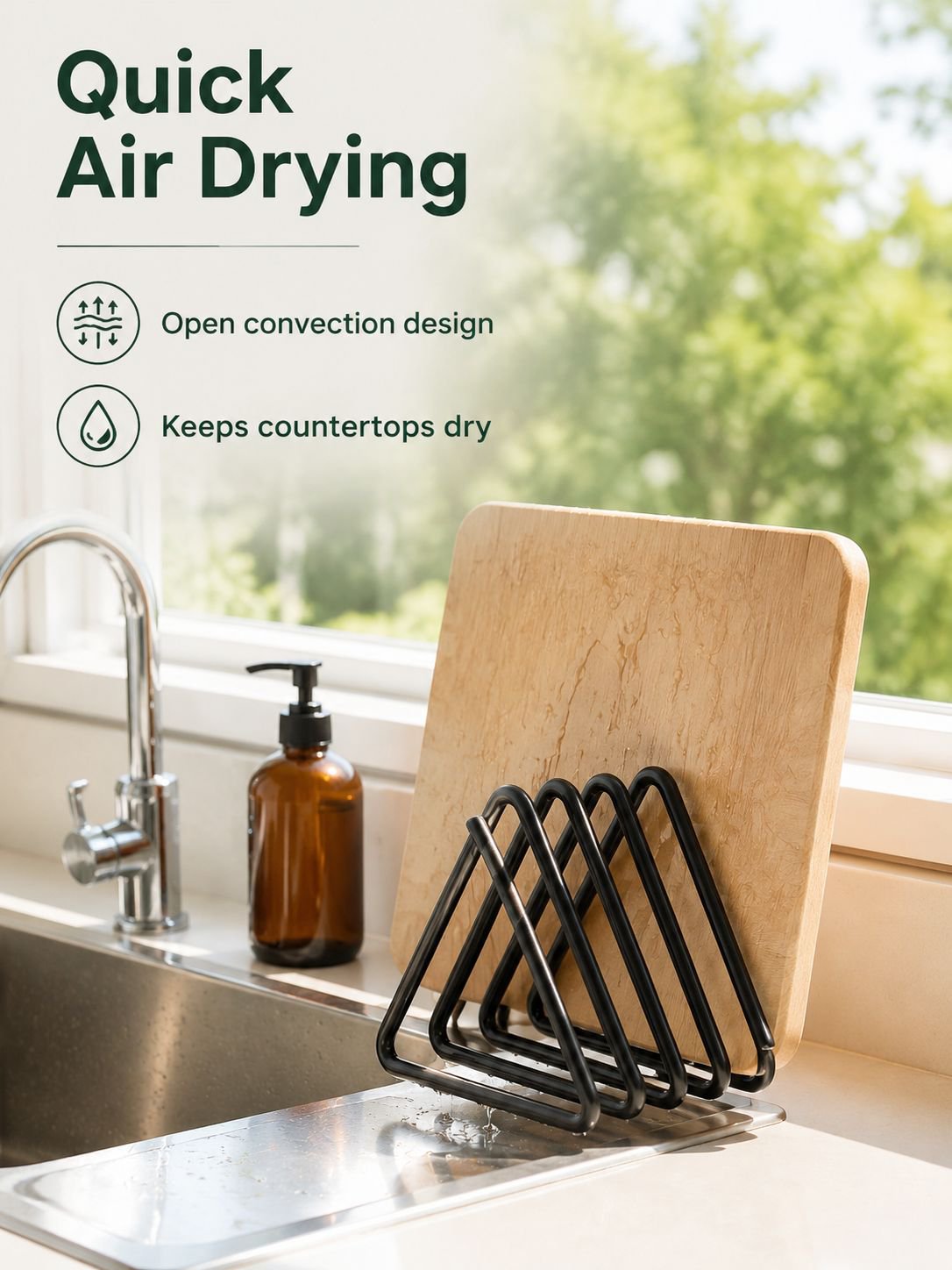 Vertical metal stand keeps kitchen cutting boards organized