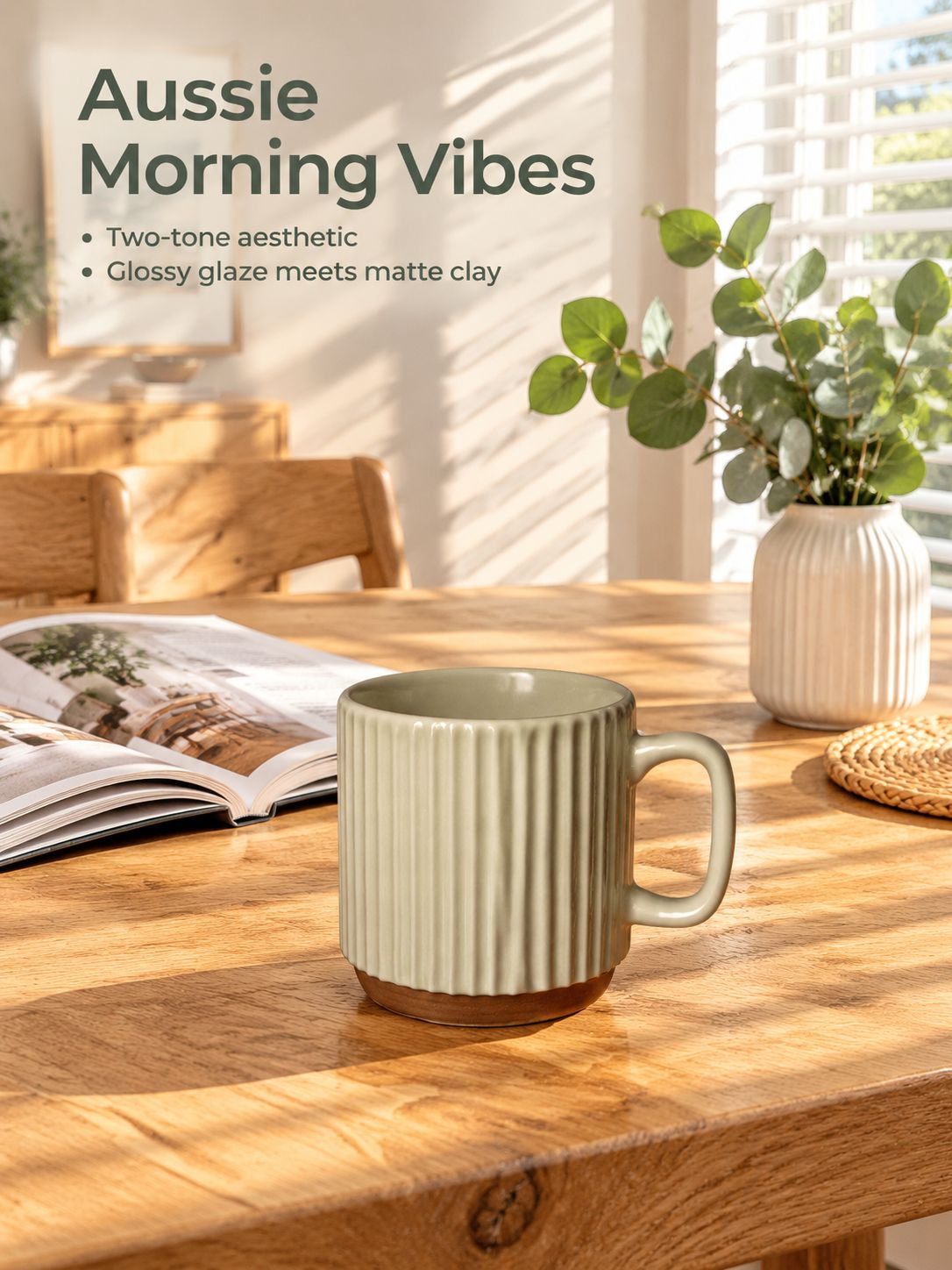 Retro beige vertical stripe stacking mug with creative ceramic coffee cup design
