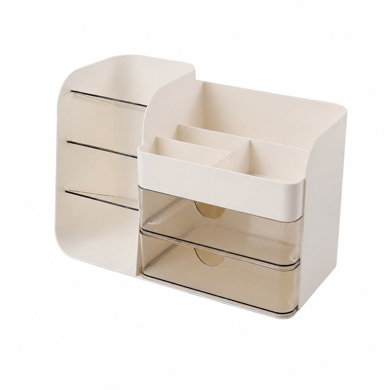 Multifunctional Desktop Cosmetic Organizer Box with Oblique Pen Holder Design