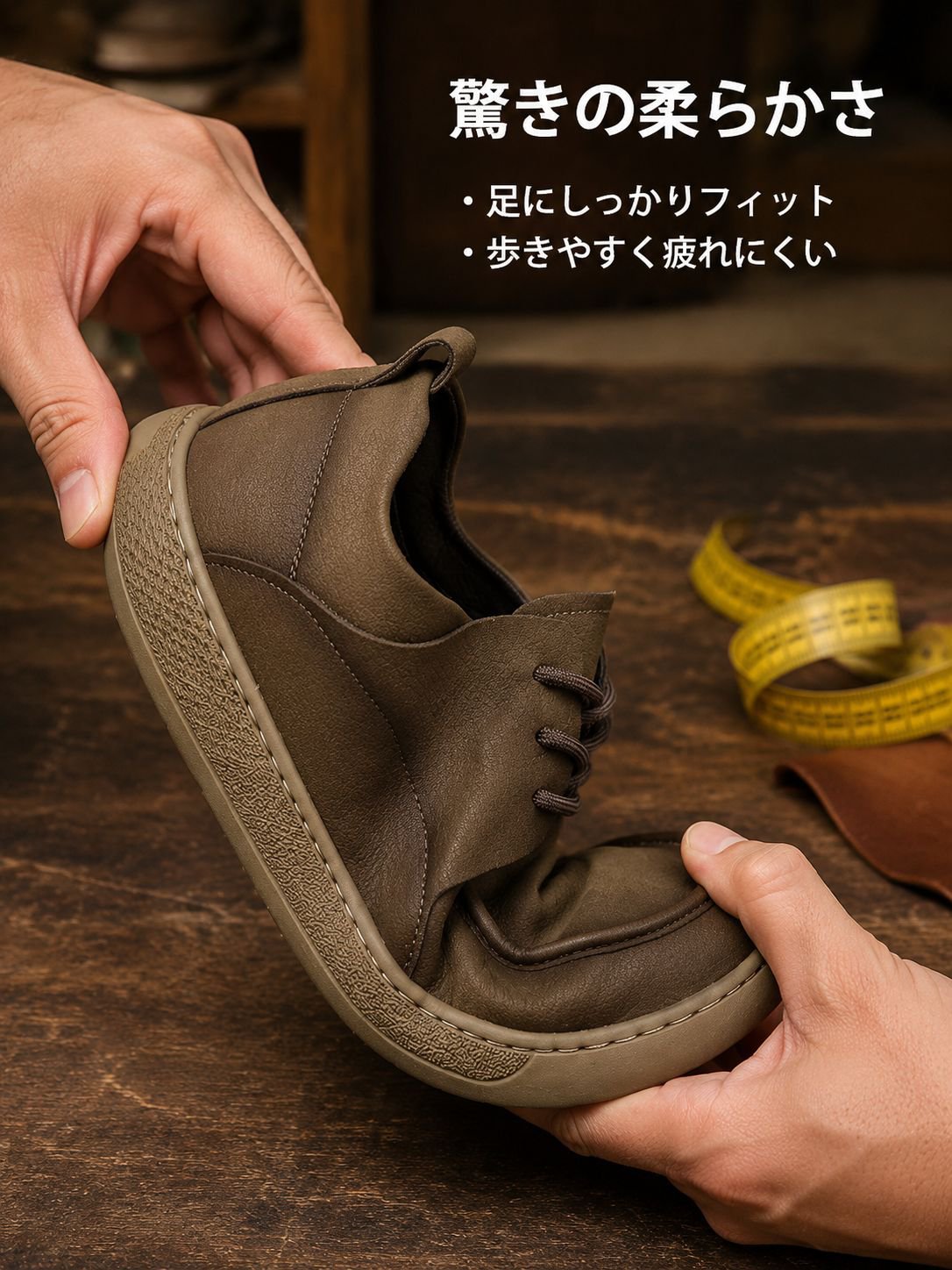 本革を使用した通気性と防臭性に優れたメンズカジュアルシューズ。柔らかなアッパー素材で、汎用性とトレンド感に優れたシューズです。