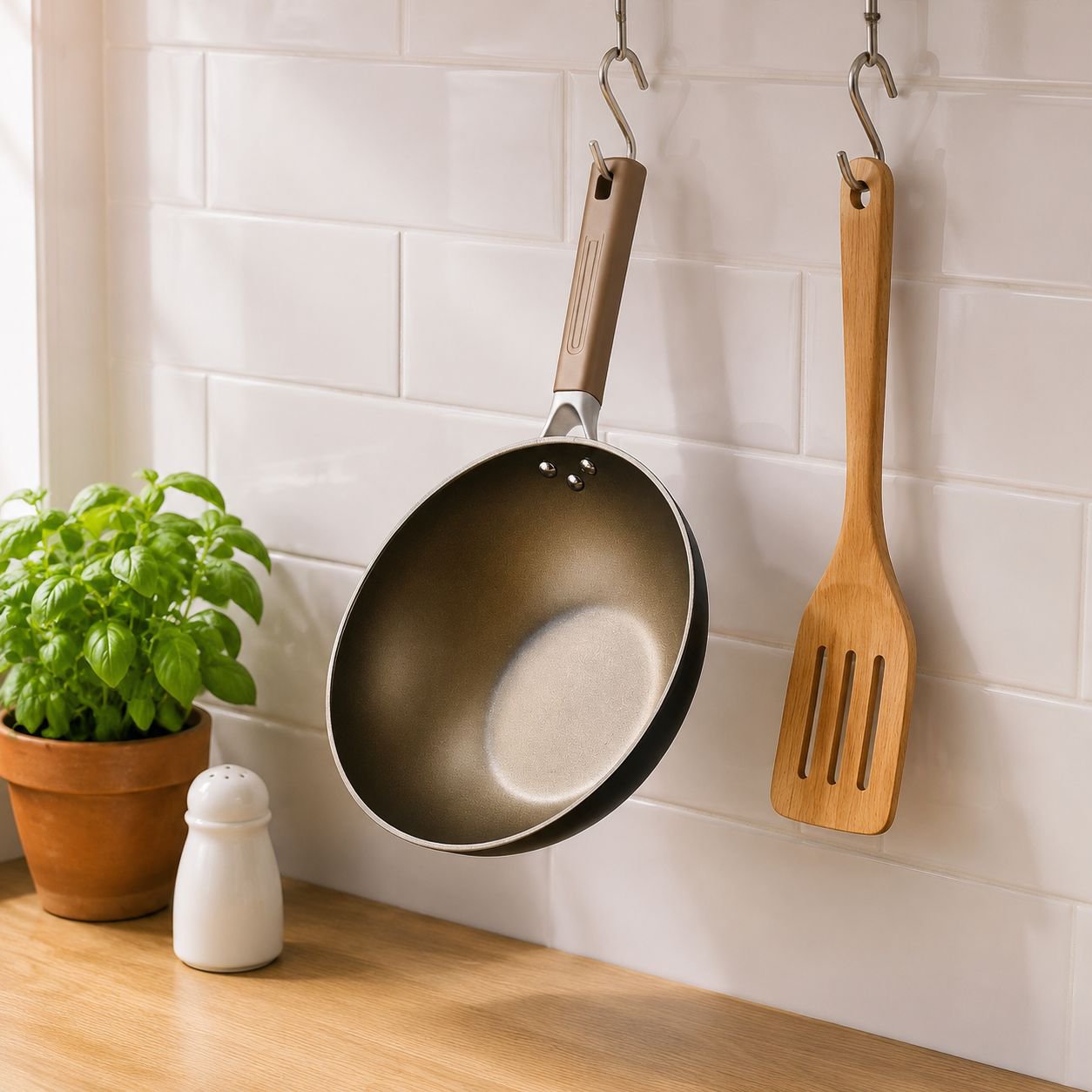 Titanium frying pan with nonstick surface
