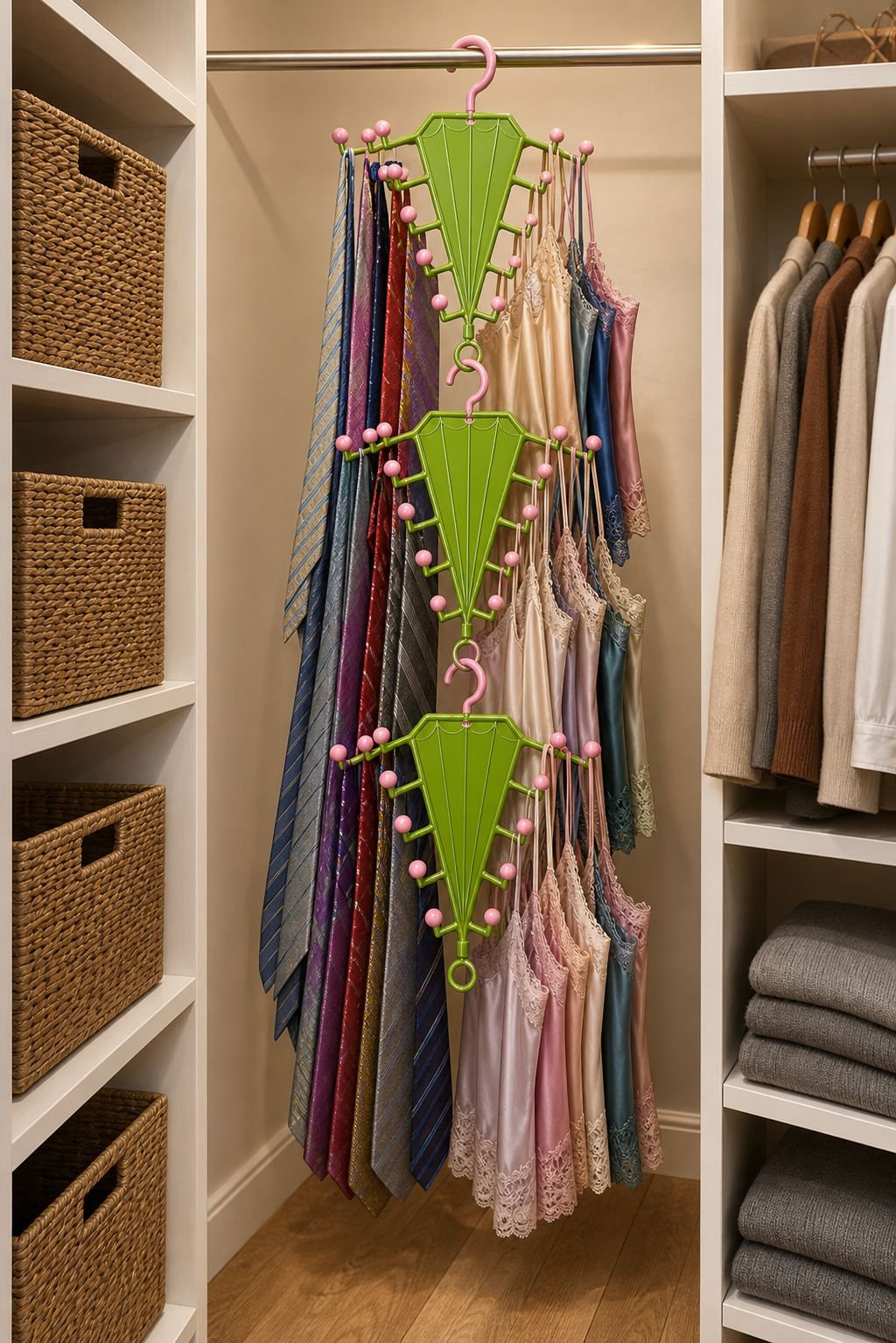 Durable V-shaped hanger rack holding multiple garments