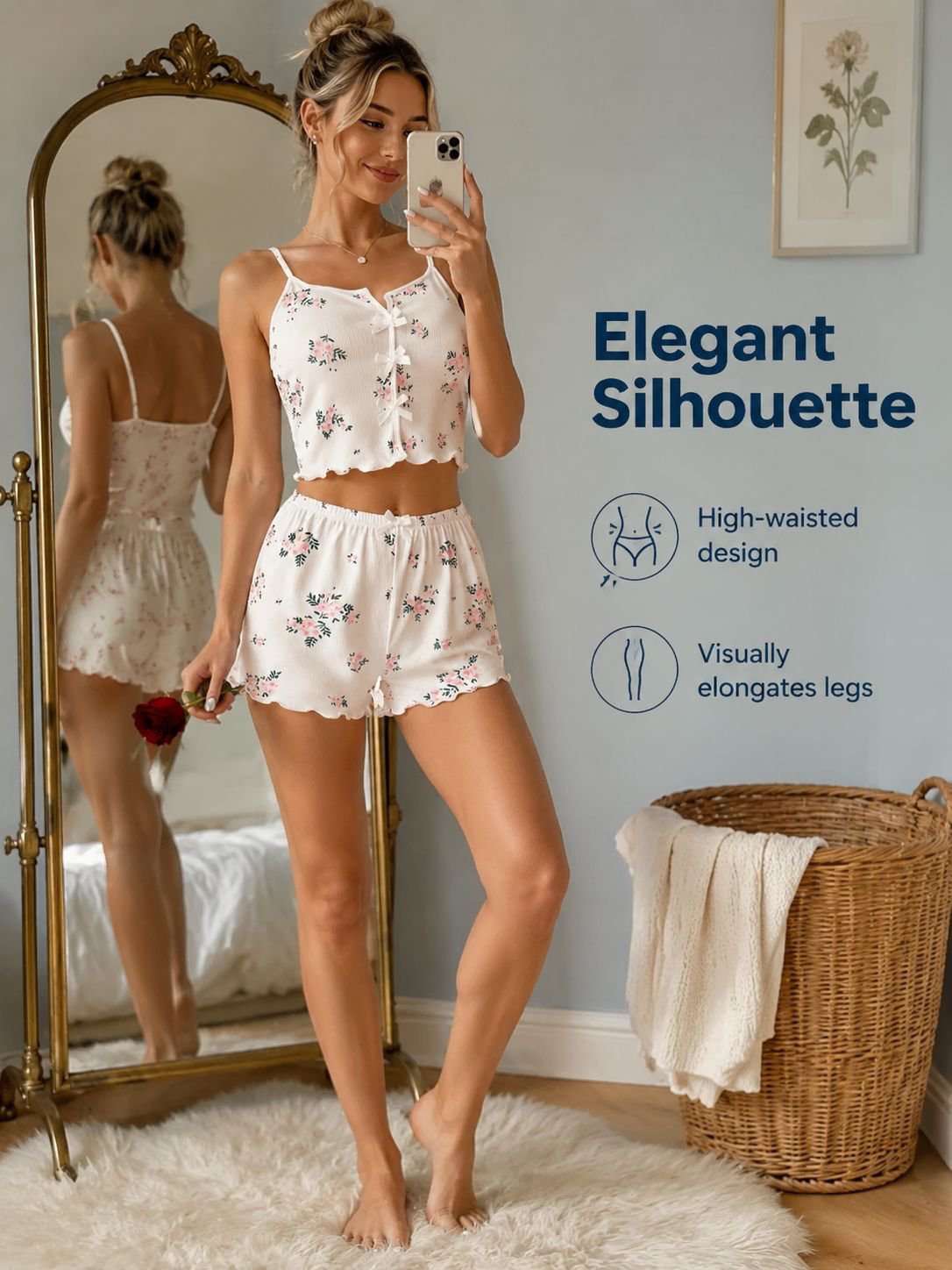 European and American printed design floral bow-front short pants pajama set for bedroom wear