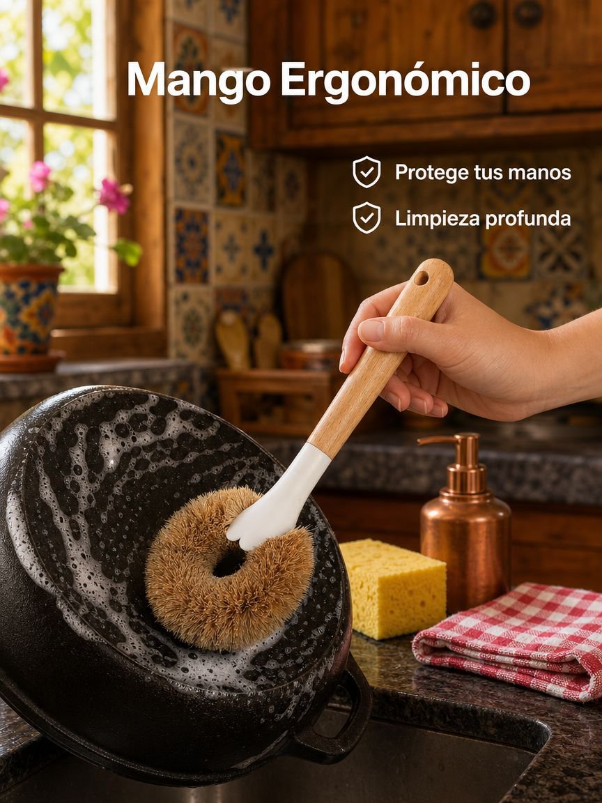 Cepillo de limpieza de mango largo de cáscara de coco natural, no daña utensilios