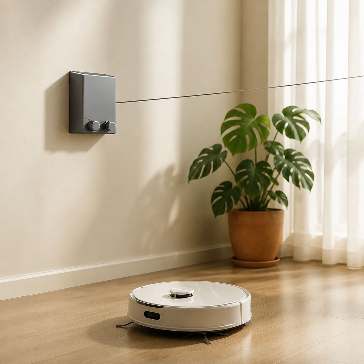 Tendedero retráctil sin taladros instalado en un balcón moderno