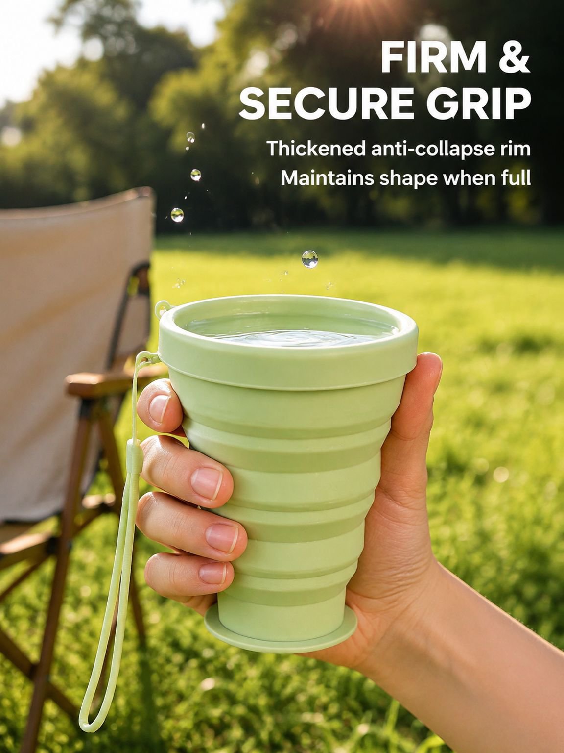 Portable silicone travel cup folded flat for easy storage in bags and backpacks