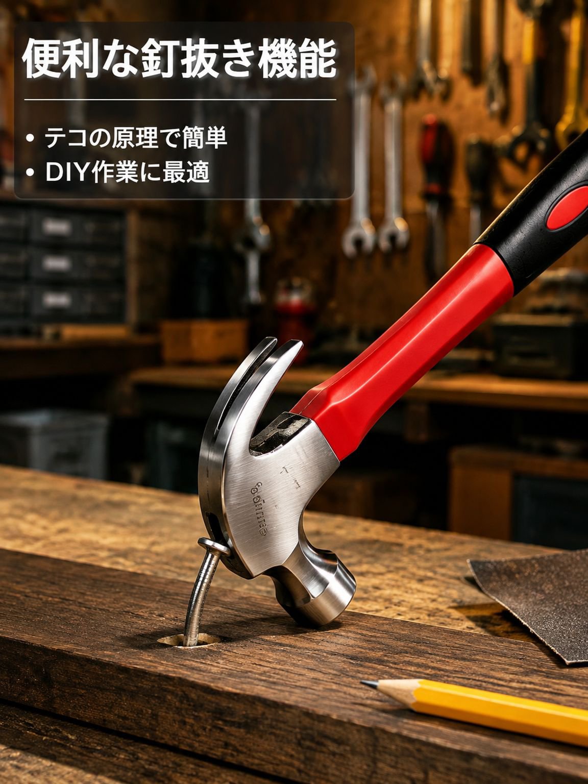 家庭用多機能釘打ちハンマー、木製柄・高炭素鋼ヘッド