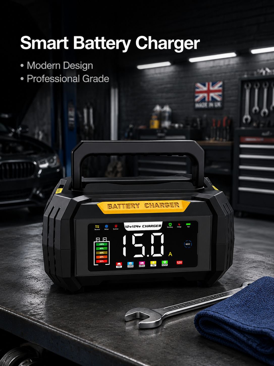 New portable 12V lead-acid/lithium iron phosphate universal car battery charger with concealed cable