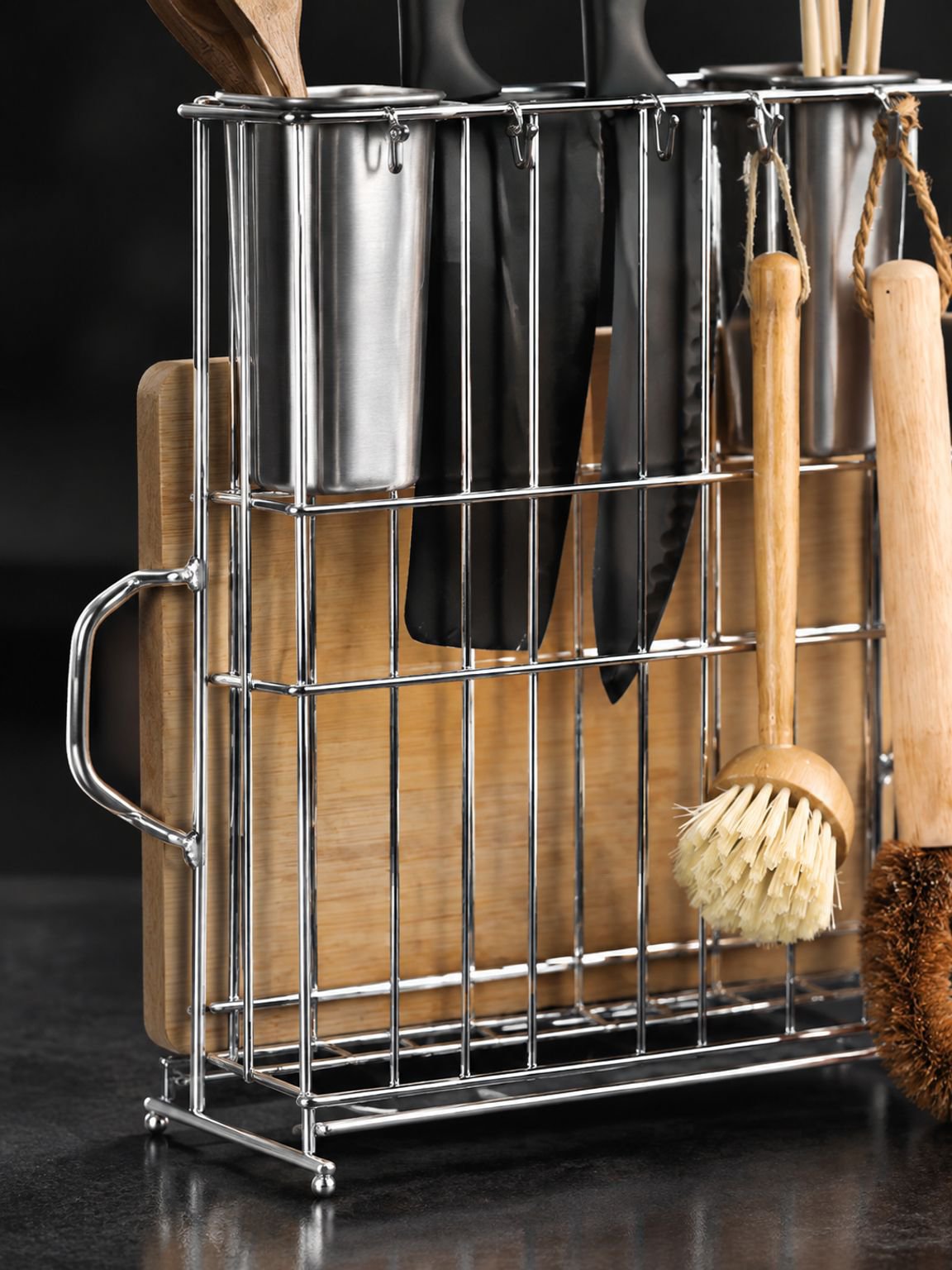 Accesorio de cocina: soporte para cucharas con tabla de cortar