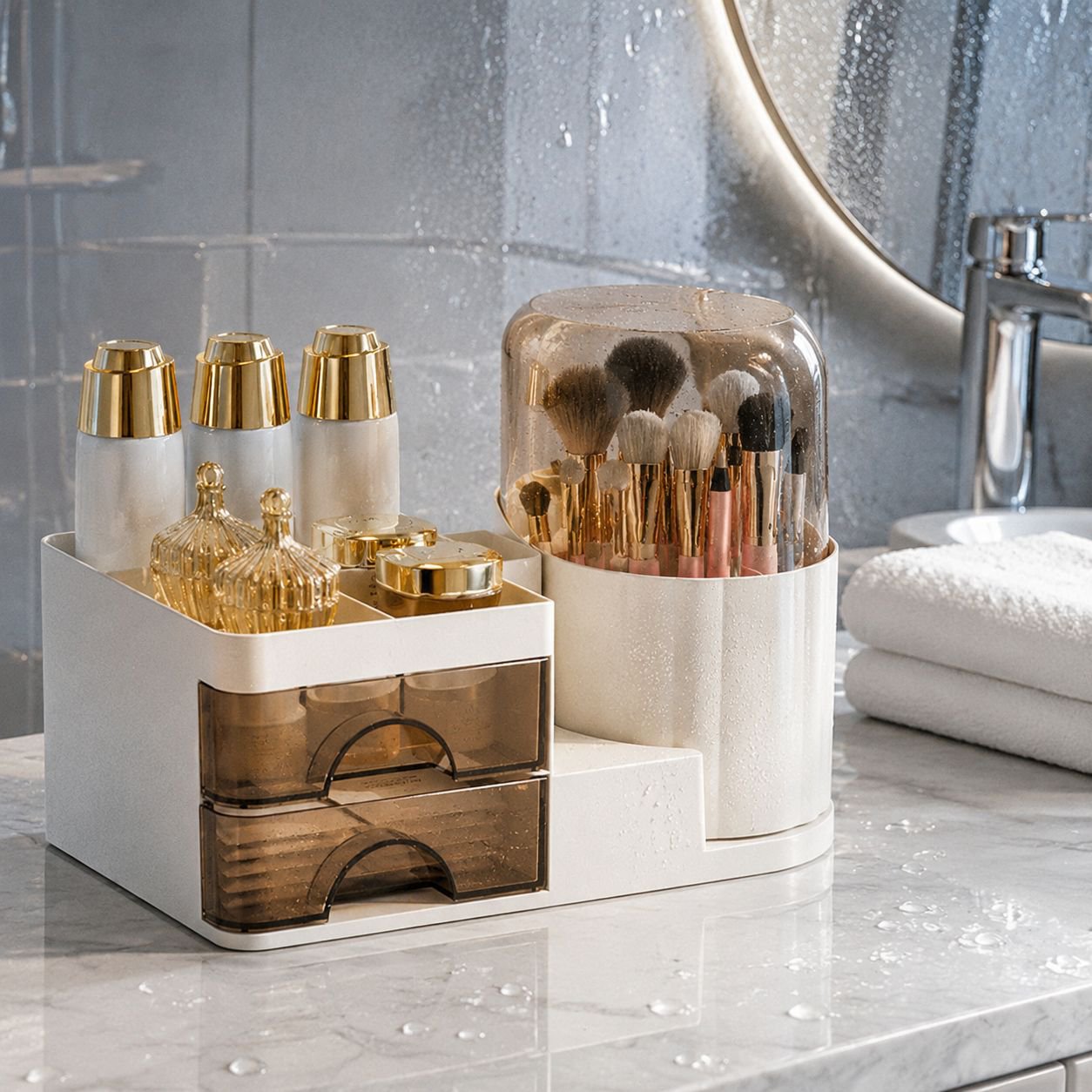 Rotating brush holder for vanity desktop