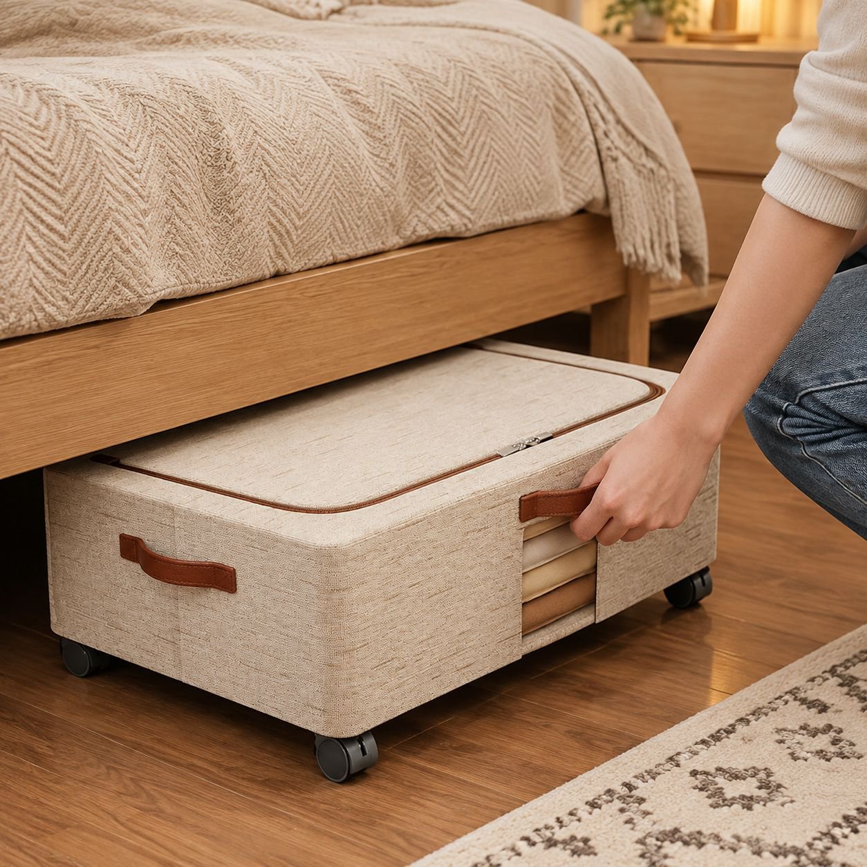 Eco Cotton Linen Under-Bed Storage Bin with Wheels and Lid, Mobile Organizer