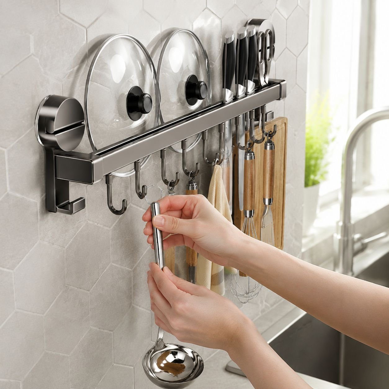 Kitchen Storage Organizer with Gunmetal Gray Hanging Bar