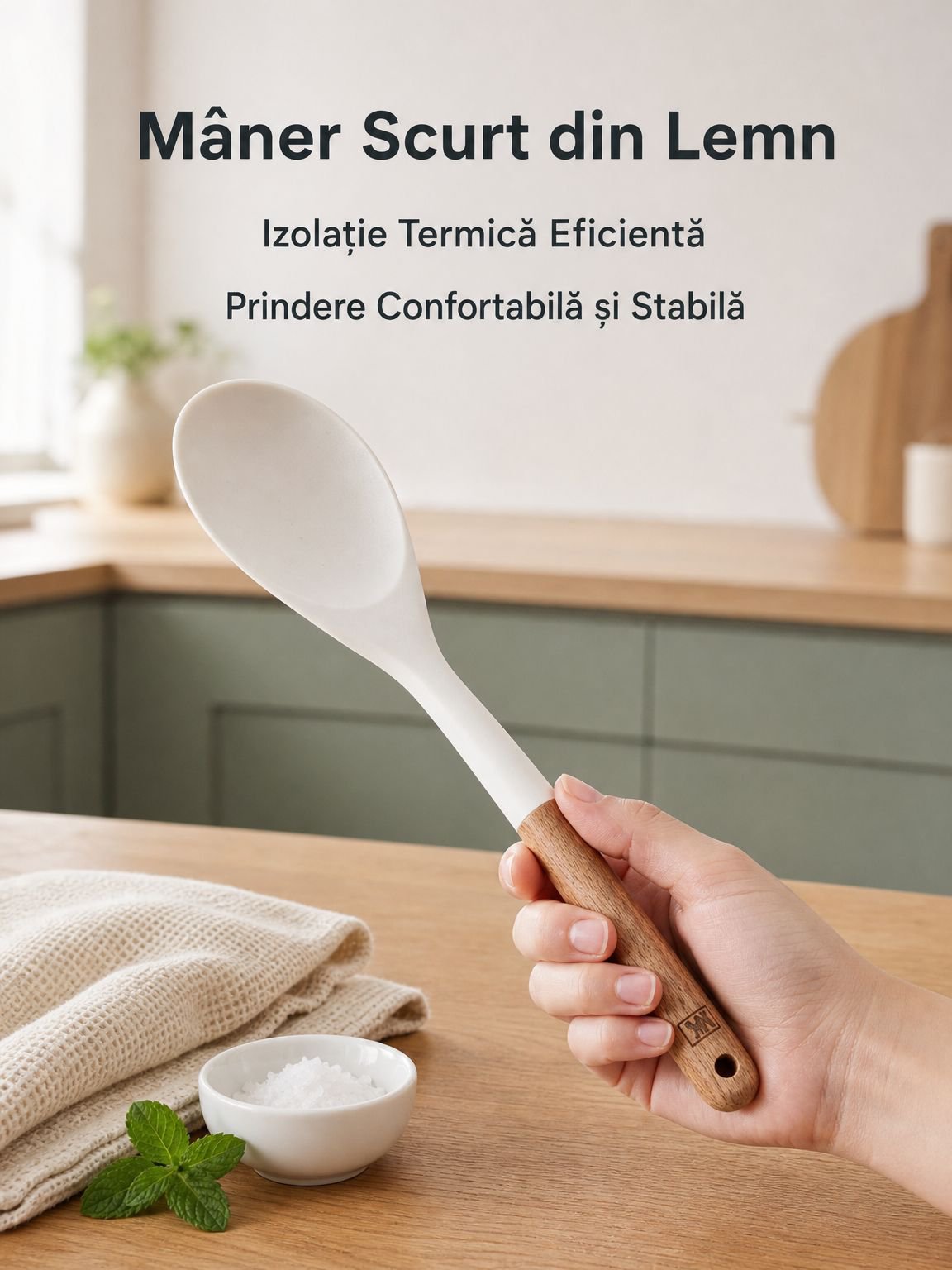 Set de lingură și spatulă din silicon cu mâner scurt din lemn