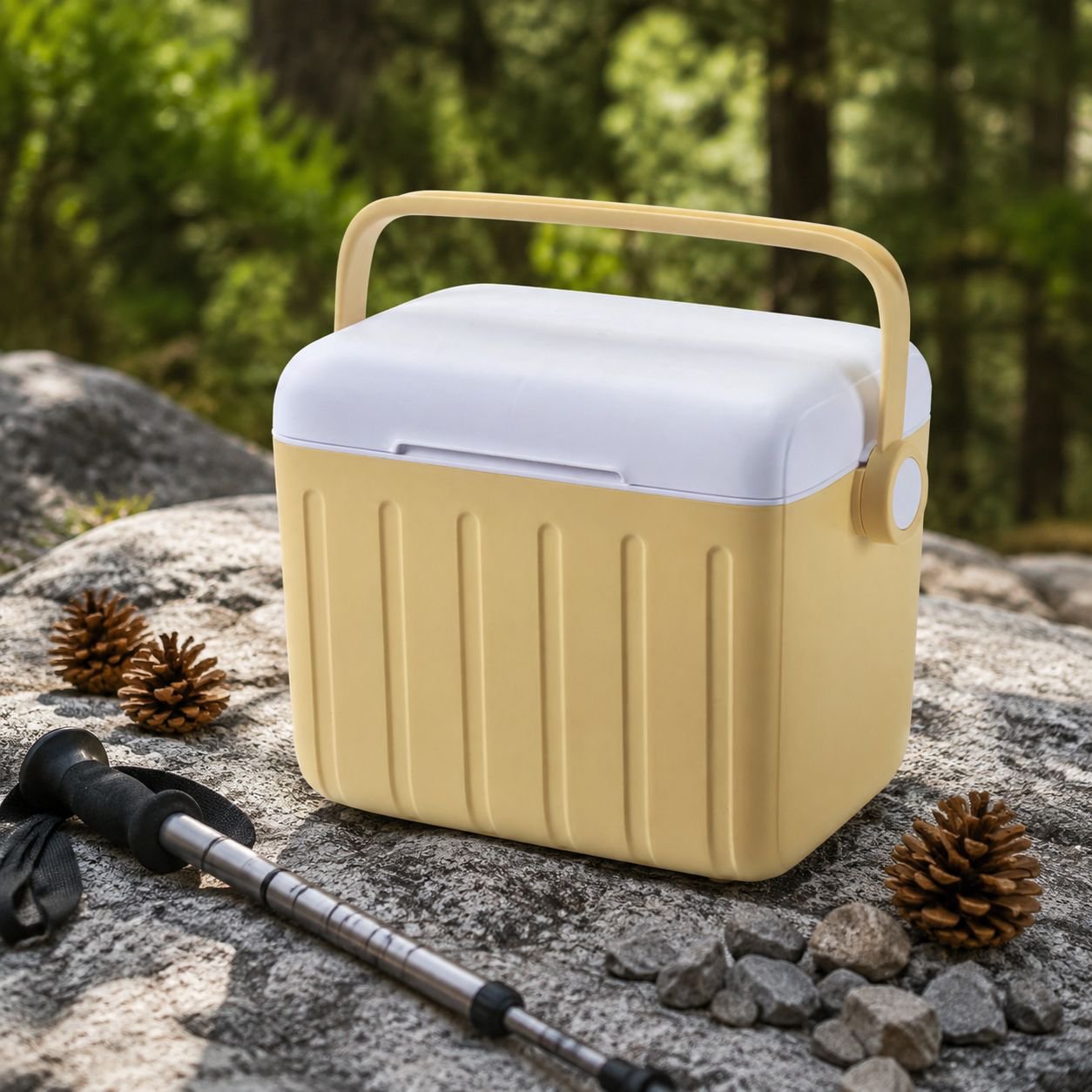 Car cooler box with snacks and drinks stored inside