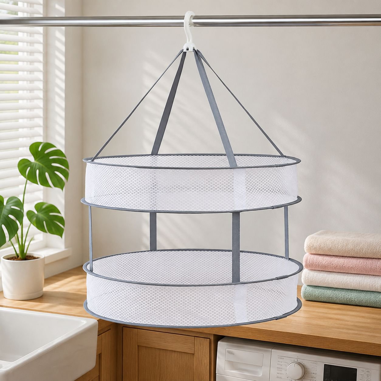 Lazy Double-Layer Foldable Drying Rack, Anti-Wind Sweater Drying Net Basket