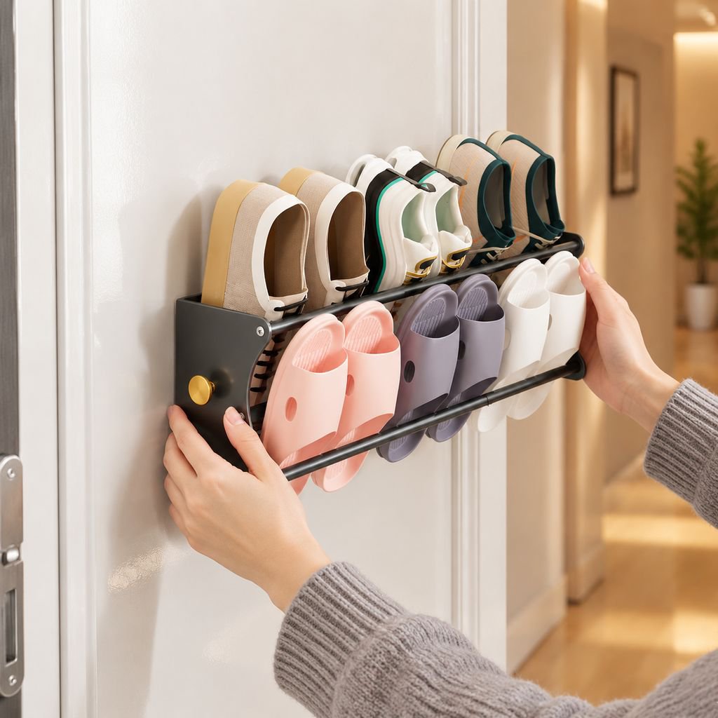 No-Drill Magnetic Slipper Holder, Wall & Door Hanging Bathroom Shoe Storage
